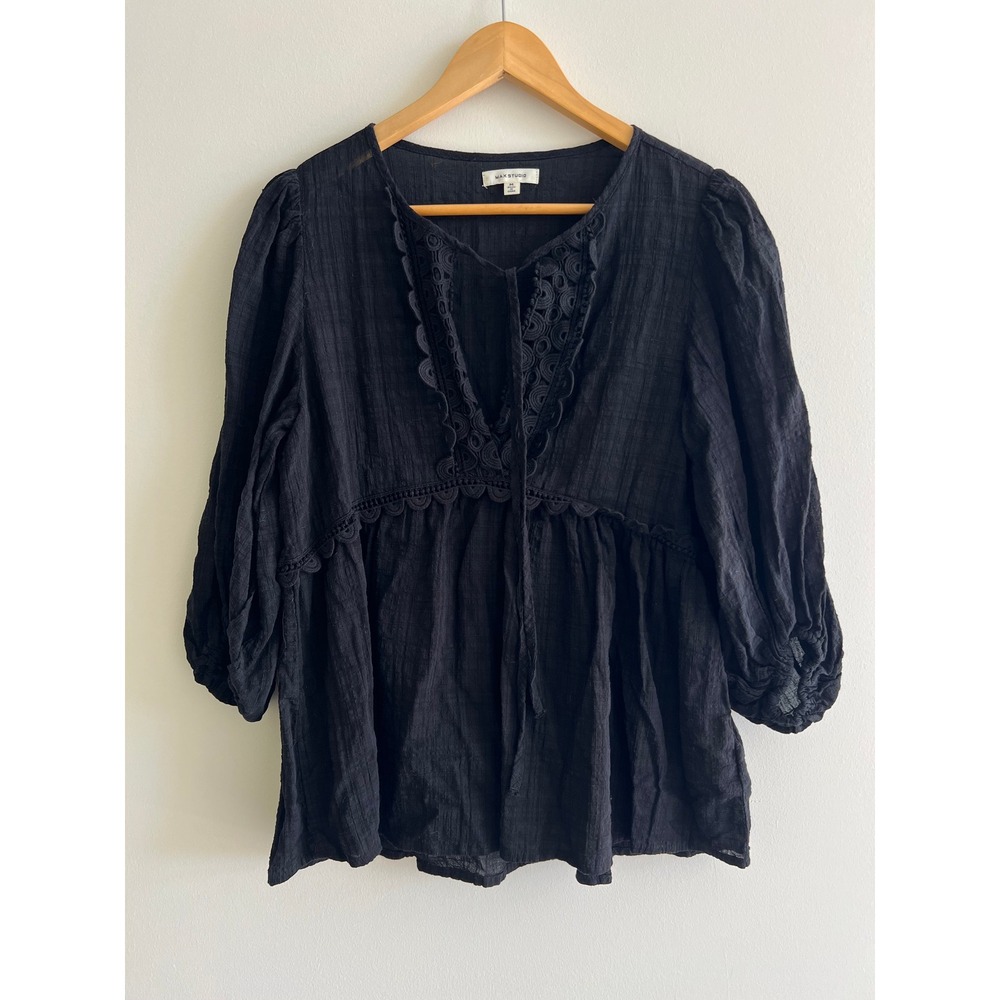 Max Studio Peplum Blouse Womens Medium Black Crochet Lace Boho Lantern Sleeve
